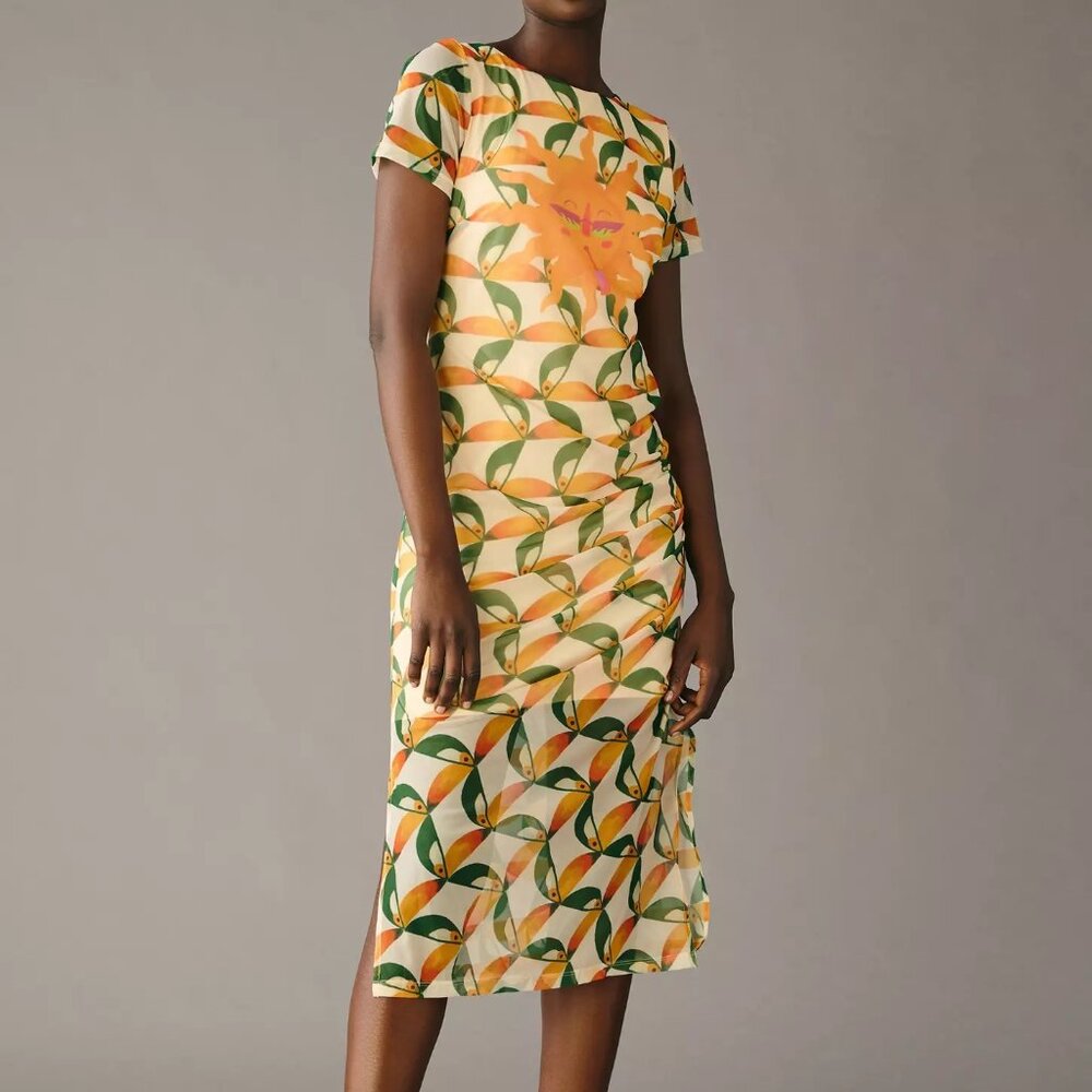 Farm Rio Printed Mesh Dress 3X Green Orange Toucan Print Bohemian Tropical Midi